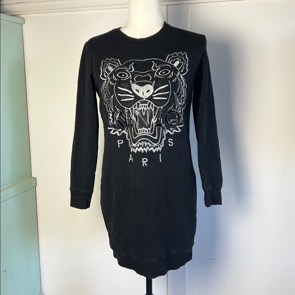 Kenzo Black and Silver Tiger Embroidered Sweater Dress